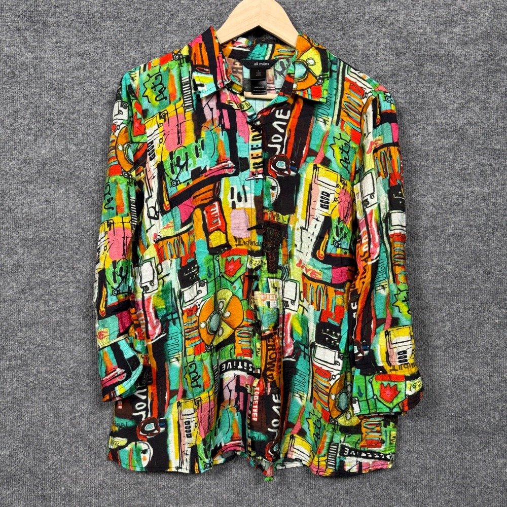 Ali Miles Size Small Shirt Green Rayon Nylon Toggle Long Sleeves Artsy Abstract